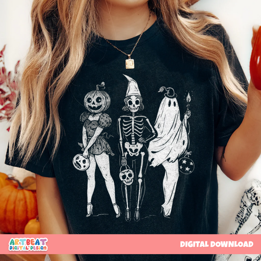 Skeleton Ghost Pumpkin PNG SVG, Spooky Halloween Clipart, Cute Skull Ghost Sublimation for Shirts, Stickers, Mugs & Fall Crafts