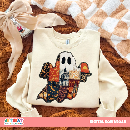 Halloween Vintage Quilt Ghost PNG SVG, Retro Spooky Ghost Clipart, Cute Halloween Digital Download, Sublimation Printable Art, Pumpkin Arts