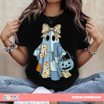 Floral Patch Ghost with Pumpkin PNG SVG, Cute Halloween Clipart, Retro Ghost Sublimation, Fall Pumpkin Digital Download for Shirts & Decor
