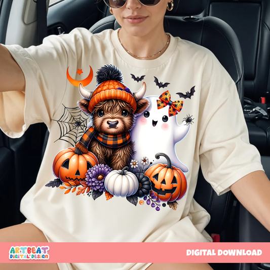 Cute Halloween Highland Cow and Ghost PNG SVG, Farm Animal Spooky Season Digital Design, Fall Sublimation, Cricut Clipart for Shirts & Mugs