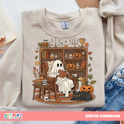 Retro Cozy Ghost Reading Books PNG SVG, Cute Spooky Season Clipart, Vintage Halloween Digital Download for Cricut & Sublimation, Read