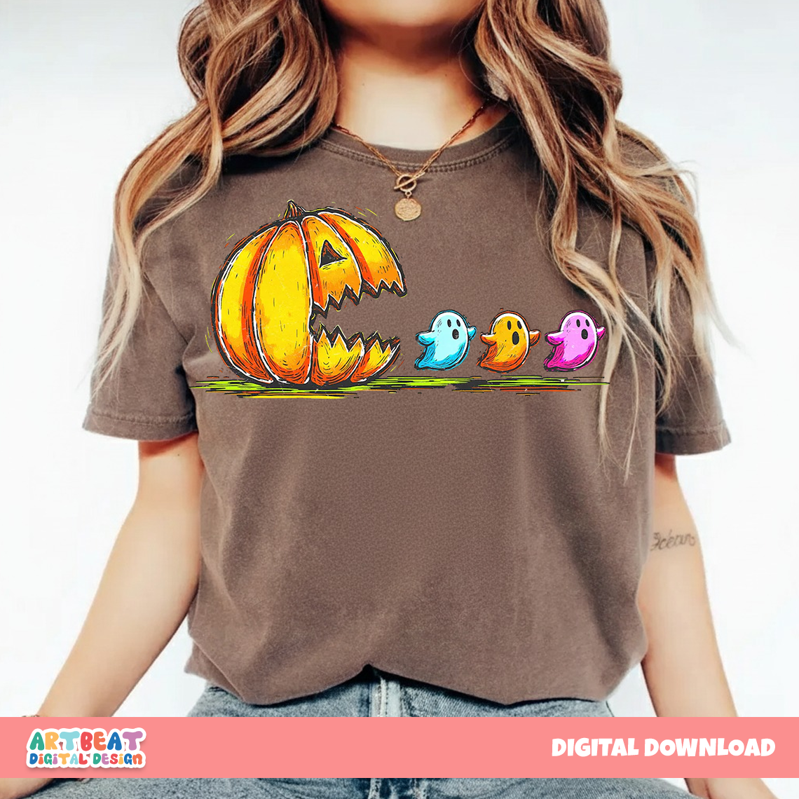 Retro Halloween Pumpkin Chasing Ghost Neon PNG SVG, Spooky Cute Digital Download, Vintage Halloween Clipart for Cricut & Sublimation Digital