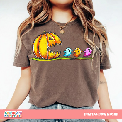 Retro Halloween Pumpkin Chasing Ghost Neon PNG SVG, Spooky Cute Digital Download, Vintage Halloween Clipart for Cricut & Sublimation Digital