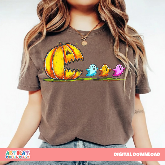 Retro Halloween Pumpkin Chasing Ghost Neon PNG SVG, Spooky Cute Digital Download, Vintage Halloween Clipart for Cricut & Sublimation Digital