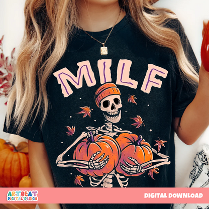 MILF Man I Love Fall Skeleton PNG SVG, Funny Fall Quote Sublimation, Autumn Shirt Design, Digital Halloween Pumpkin Clipart for Crafts