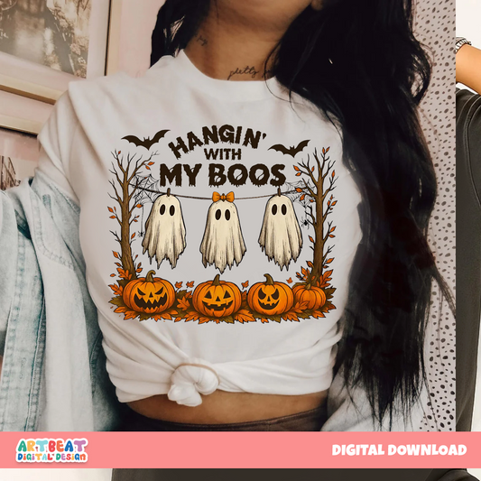 Funny Hanging Ghosts Halloween PNG SVG, Cute Ghost Clipart, Retro Halloween Sublimation, Spooky Season Digital Download for Shirts & Decor