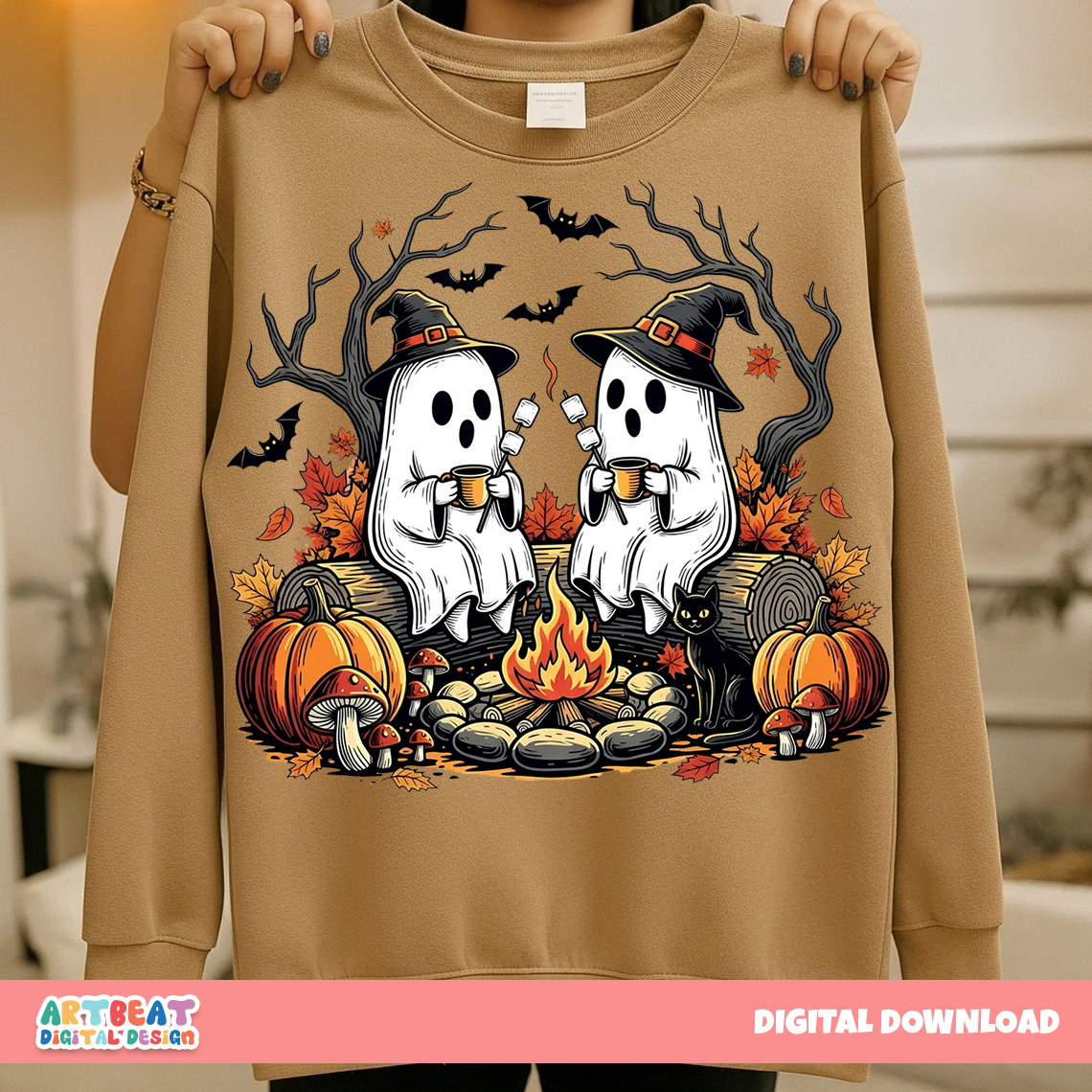 Retro Cute Ghost Halloween PNG SVG, Fall Camping Boo Ghosts Clipart, Autumn Floral Spooky Season, Cozy Campfire Halloween Sublimation Design