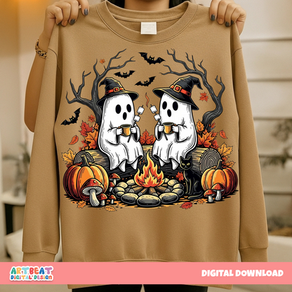 Retro Cute Ghost Halloween PNG SVG, Fall Camping Boo Ghosts Clipart, Autumn Floral Spooky Season, Cozy Campfire Halloween Sublimation Design