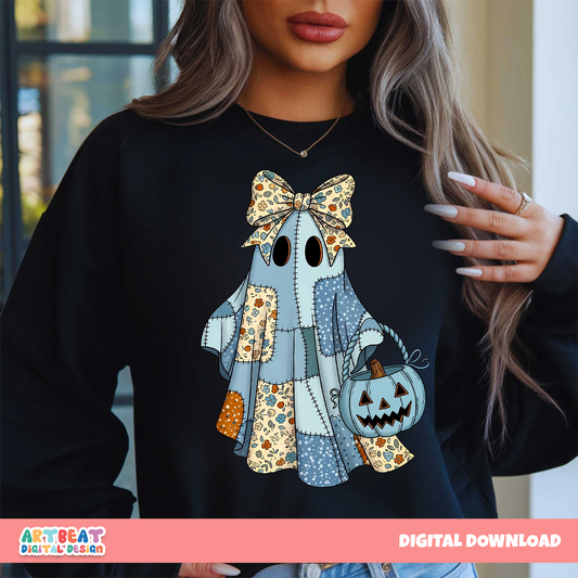 Floral Patch Ghost with Pumpkin PNG SVG, Cute Halloween Clipart, Retro Ghost Sublimation, Fall Pumpkin Digital Download for Shirts & Decor