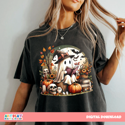 Reading Ghost Halloween PNG SVG, Cute Ghost Clipart, Retro Halloween Sublimation, Spooky Season Digital Download for Shirts & Decor