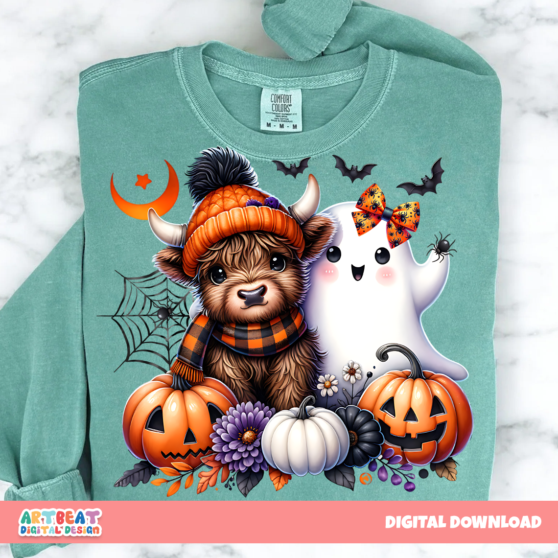 Cute Halloween Highland Cow and Ghost PNG SVG, Farm Animal Spooky Season Digital Design, Fall Sublimation, Cricut Clipart for Shirts & Mugs