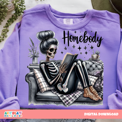 Homebody Halloween Ghost Skeleton PNG SVG, Cozy Spooky Season Digital Download, Fall Sublimation, Cute Retro Cricut Clipart