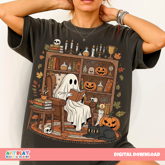 Retro Cozy Ghost Reading Books PNG SVG, Cute Spooky Season Clipart, Vintage Halloween Digital Download for Cricut & Sublimation, Read