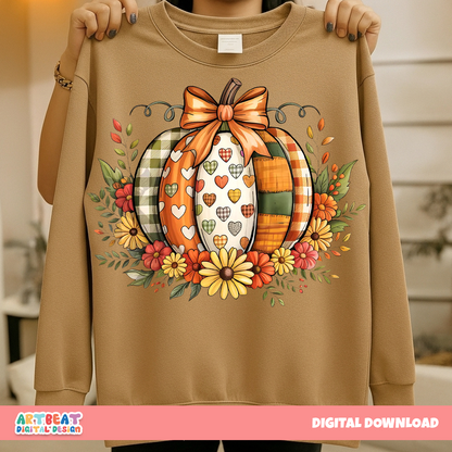 Fall Boho Floral Pumpkin Bow PNG SVG, Preppy Vintage Pumpkin PNG, Autumn Thanksgiving Sublimation Design, Cute Fall Bow Shirt Png Clipart