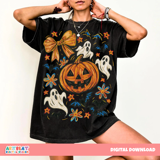 Halloween Pumpkin Ghost PNG SVG, Spooky Cute Ghost Clipart, Retro Halloween Sublimation, Digital Download for Shirts, Mugs & Crafts