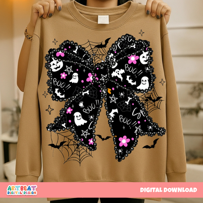 Halloween Lace Spooky Bow PNG SVG, Cute Girly Ghost Bow Design, Spooky Season Shirt Sublimation, Cricut Silhouette Cut File Download