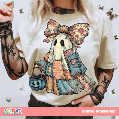 Retro Halloween Blue Denim Ghost PNG SVG, Cute Boo Ghost Clipart, Spooky Season PNG, Fall Pumpkin Sublimation, Halloween Shirt Design