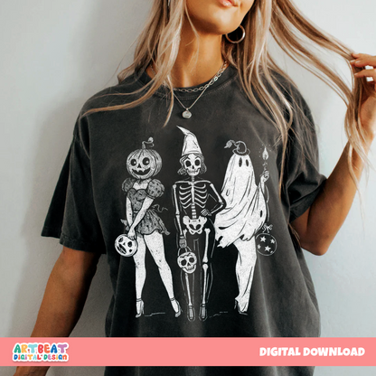 Skeleton Ghost Pumpkin PNG SVG, Spooky Halloween Clipart, Cute Skull Ghost Sublimation for Shirts, Stickers, Mugs & Fall Crafts