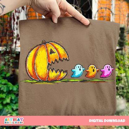 Retro Halloween Pumpkin Chasing Ghost Neon PNG SVG, Spooky Cute Digital Download, Vintage Halloween Clipart for Cricut & Sublimation Digital
