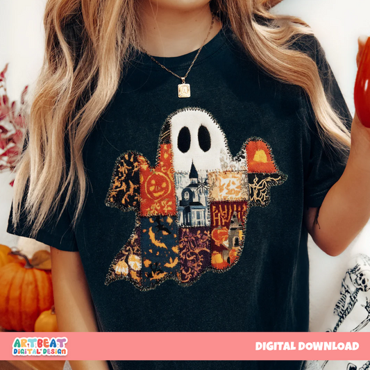 Halloween Vintage Quilt Ghost PNG SVG, Retro Spooky Ghost Clipart, Cute Halloween Digital Download, Sublimation Printable Art, Pumpkin Arts
