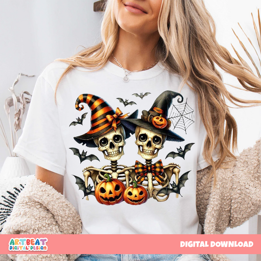 Halloween Couple Skeleton PNG SVG, Spooky Digital Download, Cute Halloween Clipart, Skeleton Shirt Design, Halloween Sublimation Art
