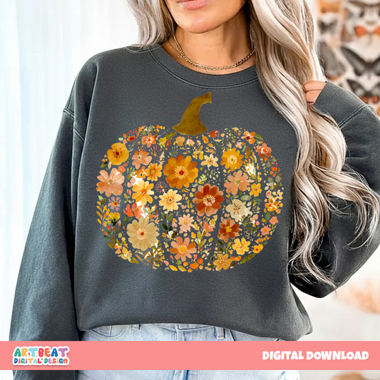 Vintage Floral Pumpkin Ghost PNG SVG, Retro Halloween Floral Ghost Clipart, Fall Pumpkin Digital Download for Cricut & Sublimation