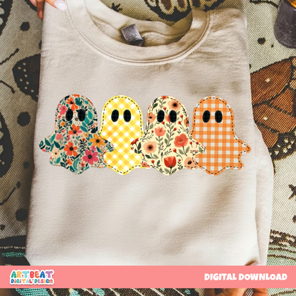Preppy Floral Ghost Halloween PNG SVG, Cute Girly Ghost Clipart, Spooky Season Sublimation, Retro Fall Cricut Silhouette Files