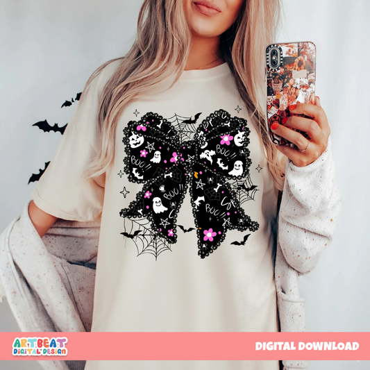 Halloween Lace Spooky Bow PNG SVG, Cute Girly Ghost Bow Design, Spooky Season Shirt Sublimation, Cricut Silhouette Cut File Download