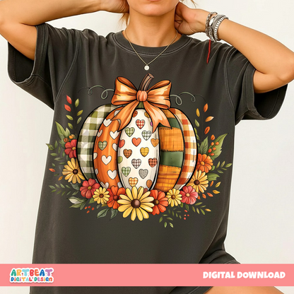 Fall Boho Floral Pumpkin Bow PNG SVG, Preppy Vintage Pumpkin PNG, Autumn Thanksgiving Sublimation Design, Cute Fall Bow Shirt Png Clipart