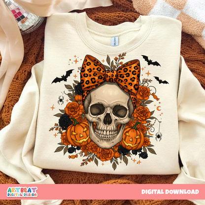 Halloween Skull Bow PNG SVG, Spooky Cute Bow with Skull Clipart, Halloween Hair Bow Design, Sublimation & Cricut Silhouette Digital Files