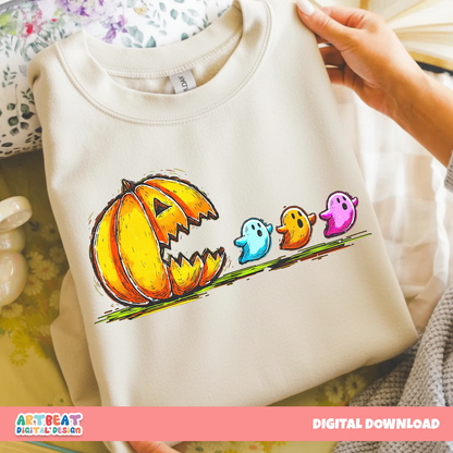 Retro Halloween Pumpkin Chasing Ghost Neon PNG SVG, Spooky Cute Digital Download, Vintage Halloween Clipart for Cricut & Sublimation Digital
