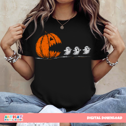 Halloween Pumpkin Chasing Ghost PNG SVG, Funny Spooky Season Shirt Design, Cute Ghost Sublimation, Cricut Silhouette Cut File Download