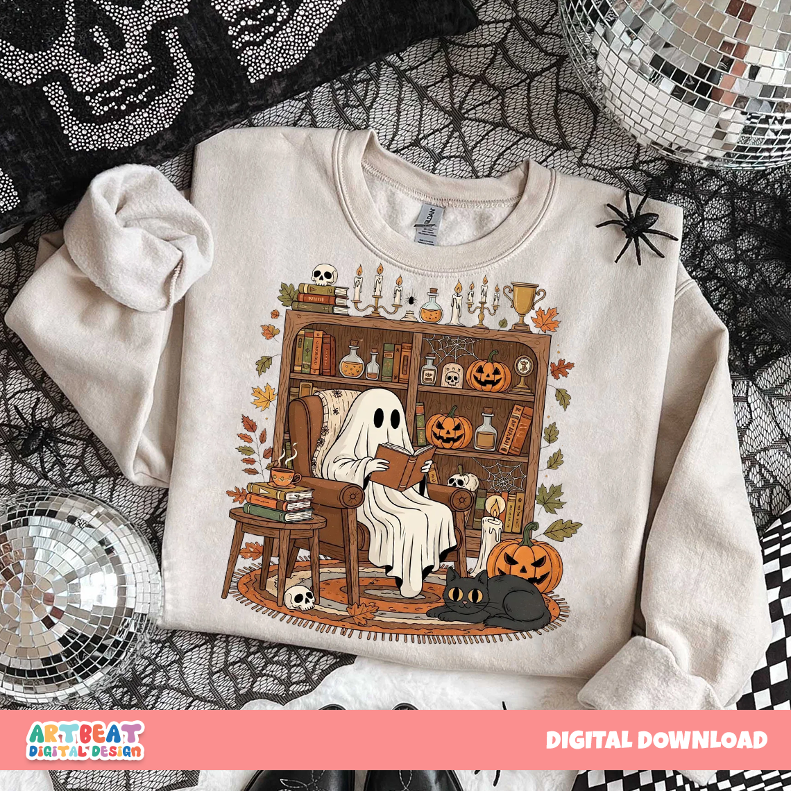 Retro Cozy Ghost Reading Books PNG SVG, Cute Spooky Season Clipart, Vintage Halloween Digital Download for Cricut & Sublimation, Read
