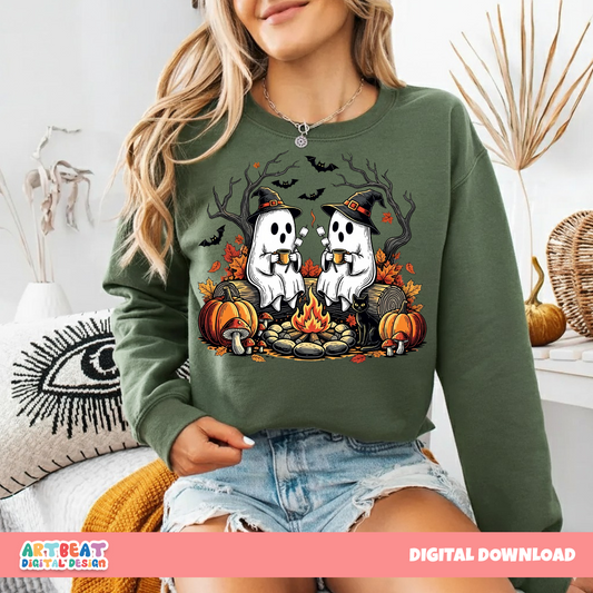 Retro Cute Ghost Halloween PNG SVG, Fall Camping Boo Ghosts Clipart, Autumn Floral Spooky Season, Cozy Campfire Halloween Sublimation Design